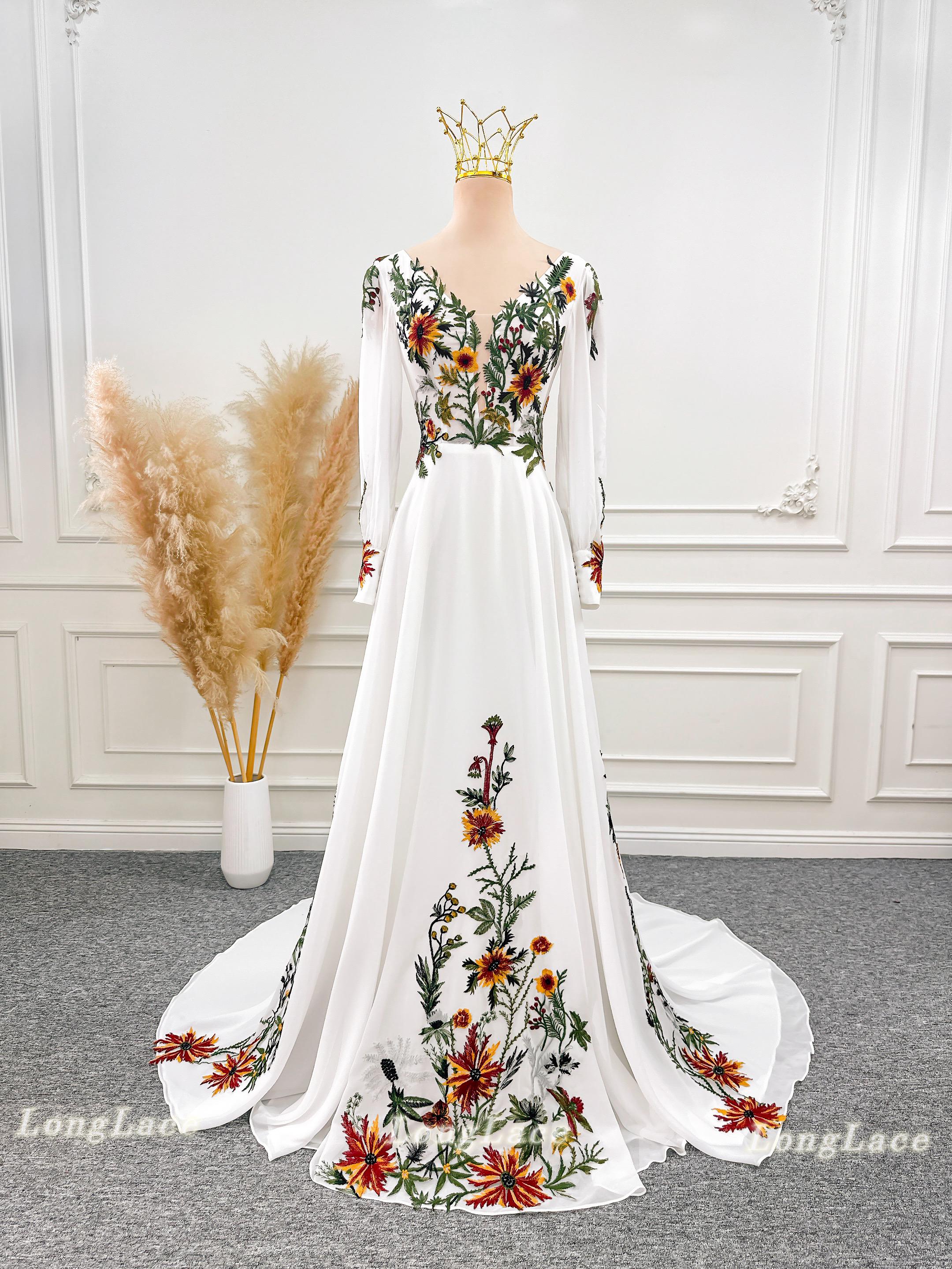 Pink White Flower Wedding Dress Fantasy Fairy Wildflower Gown Boho Wedding  Dress Bohemian Bridal Gown Chiffon Wedding Dress With Colorful Floral