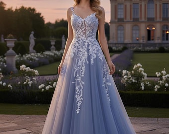 A-Line Bridal Gown | Evening dress | Prom Dress | Tulle Wedding Gown with Handcrafted Floral Embroidery | Wedding Dress