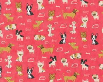 Woof Woof Meow Pink Tan Cats w Yarn Mouse on Cream BY YARDS Moda Cotton Fabric