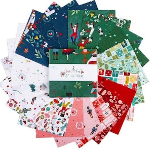 May include: A circular arrangement of fabric squares in various colors and patterns. The fabrics feature holiday-themed designs, including nutcrackers, gifts, and festive illustrations. A central package displays the text "Nutcracker Tradition".