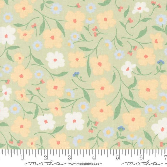 FABRIC COTTAGE CHARM vintage style Floral on muted jade green