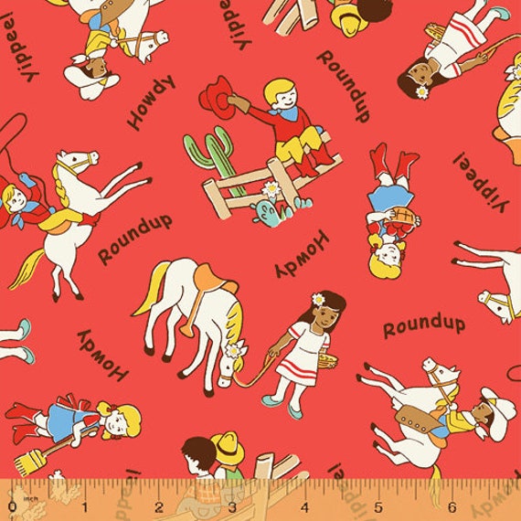 FABRIC Storybook RANCH Kids Way out WEST on Red  We combine shipping Listing is for 1 Yard