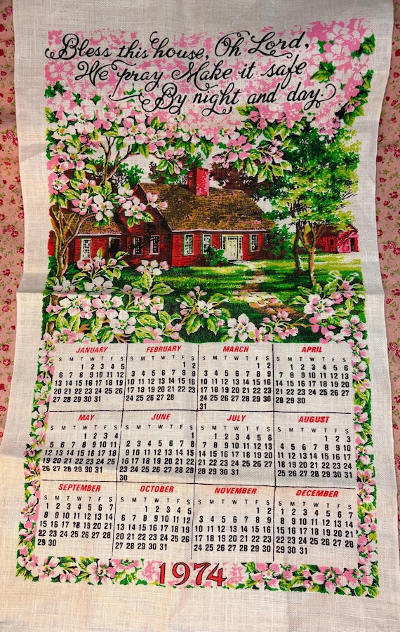 VINTAGE 1974 CALENDAR TOWEL Spring Cherry Blossoms Linen Kitchen