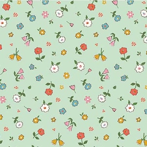 May include: A light mint green fabric featuring a repeating pattern of small, hand-drawn style flowers in shades of red, white, yellow, pink, and blue. Each flower includes green stems and leaves, scattered evenly across the solid pastel background.