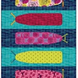 May include: A vertical image featuring five ironing boards with floral patterns. The boards are arranged against a teal and navy blue striped background. Each board has a unique floral design in shades of pink, yellow, and red.