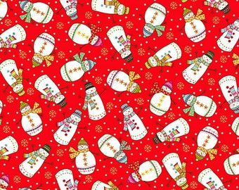 FABRIC Santa Express Line Snowmen on Red by Makower UK   We combine shipping