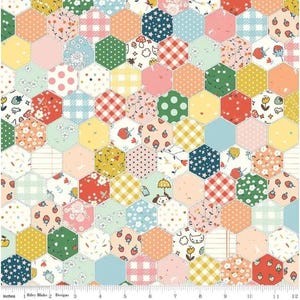May include: A colorful fabric with a patchwork design. The pattern features various hexagonal shapes in a variety of colors and patterns, including polka dots, gingham, floral, and star motifs. The fabric is marked with the text "Riley Blake Designs".