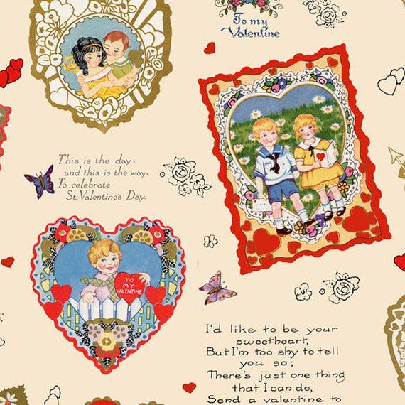 FABRIC 1920S Retro Be My VALENTINE Vintage Style Hearts