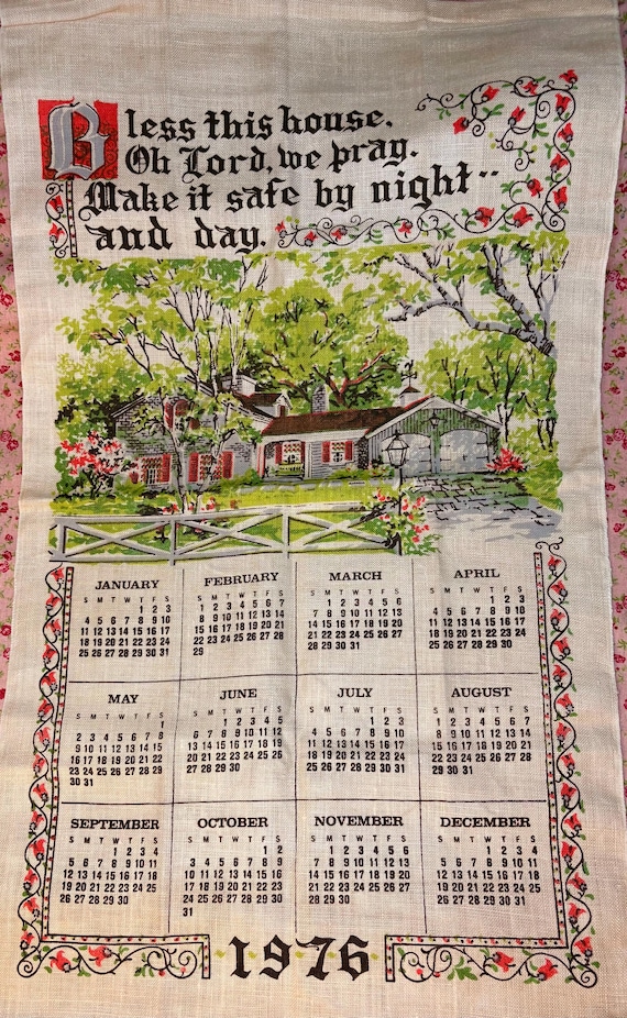 VINTAGE CALENDAR TOWEL 1976 Bicentennial Year Summer Scene Linen Kitchen