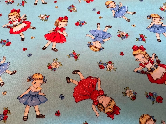 FABRIC Japanese Margaret and Sophie Dolls on Aqua