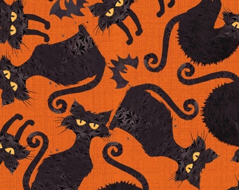 Sale FABRIC HALLOWEEN Boo Y'all Black CATS Large    by 3 Wishes  1 Yard