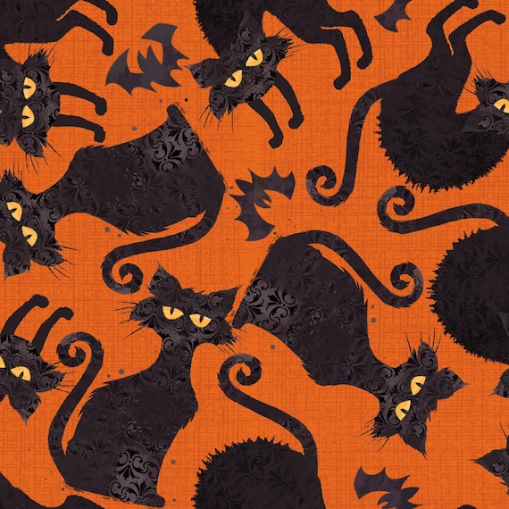 Clearance  FABRIC HALLOWEEN Boo Y'all Black CATS Large