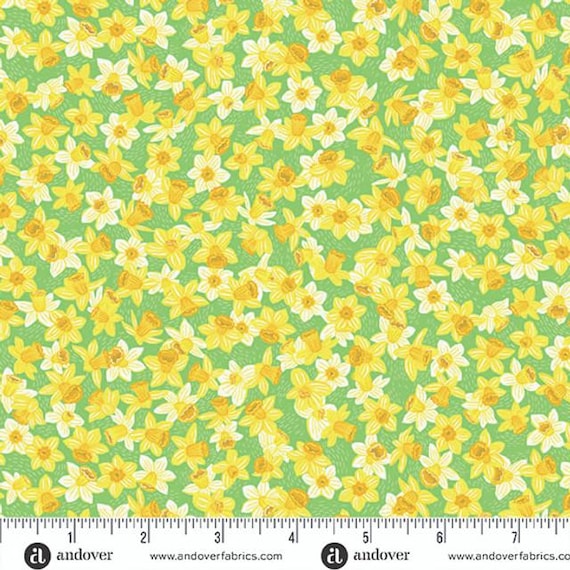 FABRIC HELLO SPRING Daffodils on Green Imported from U K