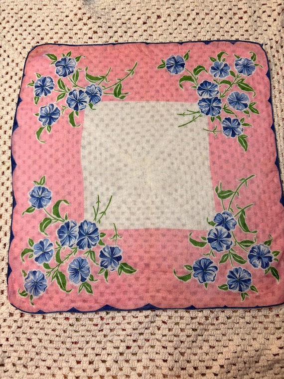 VINTAGE Blue and Pink Morning Glories Hankie