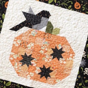 May include: A quilted Halloween-themed block featuring an orange pumpkin with black star accents and a black bird perched on top. The pumpkin is made of patchwork fabric with floral and striped patterns. The background is white with a quilted pattern.