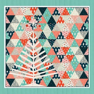 May include: A quilt pattern titled "Tinsel Tree" with a white tree design over a background of colorful triangles. The quilt measures 28" x 35" and 70" x 73". The text "EVERYDAY STITCHES" and "patterns for everyday life" are also visible.
