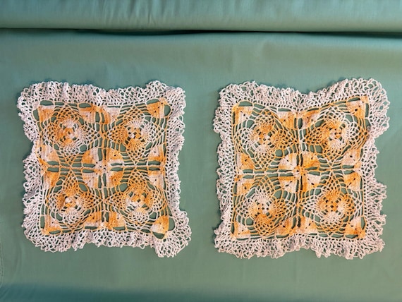VINTAGE Set of 2 Crochet Doilies Ombre Yellow and White Square