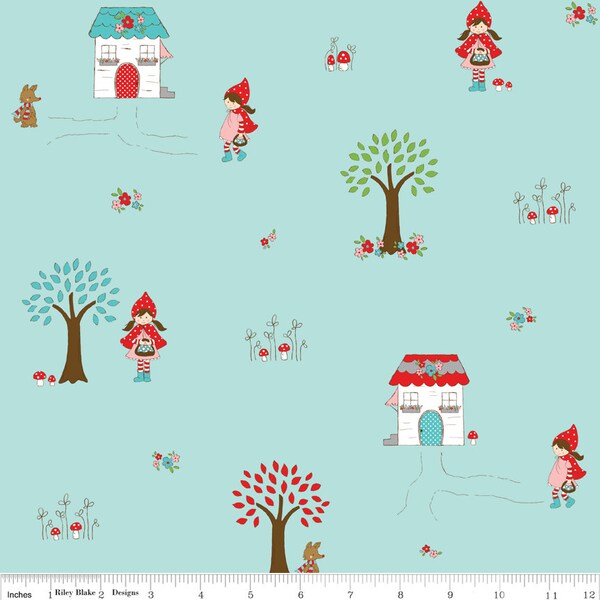 Clearance FABRIC Little RED RIDING Hood Main Print in Aqua by Riley Blake