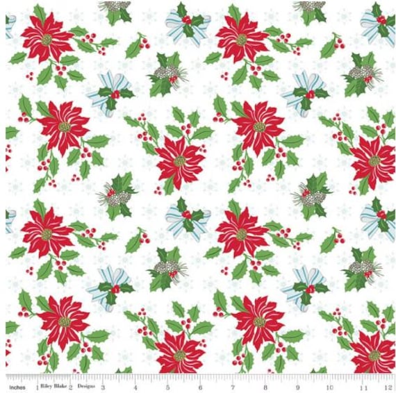 FABRIC CHRISTMAS Claus & Co. Poinsettias on White