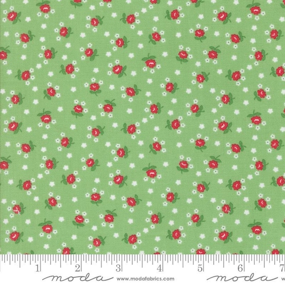 FABRIC SUMMERTIME Tiny ROSES on Green