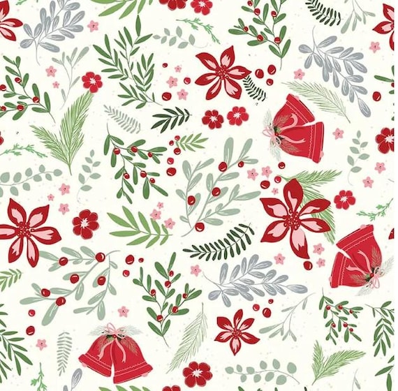 FABRIC Mistltoe and Holly CHRISTMAS BELLS and Poinsettias