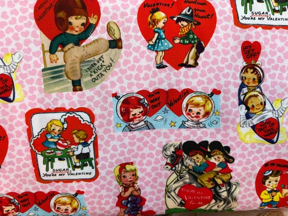 FABRIC Retro Vintage Style VALENTINES DAY on Pink Heart Background