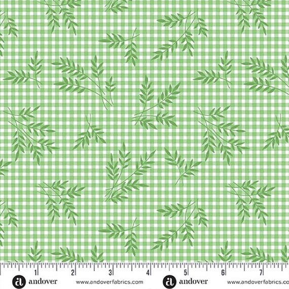 FABRIC Green GINGHAM with plant fronds