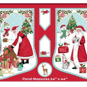 May include: Christmas-themed fabric panel featuring Santa Claus, snowmen, and Christmas trees. Santa is depicted in his red suit, delivering gifts. The panel measures 24" x 44" and has a red border with decorative patterns. The text "Santa Letters" is visible.