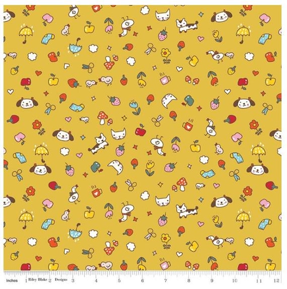 FABRIC Cats and Dogs on Yellow Toss Serendipity 2 for Easter