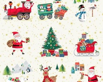 FABRIC Santa Express Line Santa's Train and Sleigh Main Print by Makower UK   We combine shipping