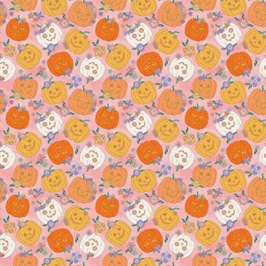 May include: A repeating pattern on a pink background featuring orange and white jack-o'-lanterns. Each pumpkin is decorated with a small cluster of colorful flowers on its stem. The design includes various floral accents scattered between the pumpkins.