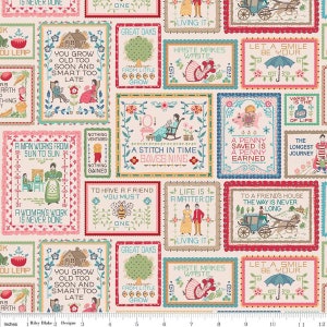 Peut inclure: Tissu &agrave; motifs avec un motif r&eacute;p&eacute;t&eacute; de broderies encadr&eacute;es. Chaque cadre pr&eacute;sente une image et un texte diff&eacute;rents, notamment des citations et des illustrations de personnes, de maisons et de la nature. La palette de couleurs comprend le rose, le bleu, le vert et le rouge.