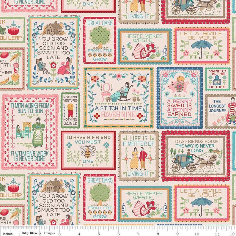 Peut inclure: Tissu &agrave; motifs avec un motif r&eacute;p&eacute;t&eacute; de broderies encadr&eacute;es. Chaque cadre pr&eacute;sente une image et un texte diff&eacute;rents, notamment des citations et des illustrations de personnes, de maisons et de la nature. La palette de couleurs comprend le rose, le bleu, le vert et le rouge.