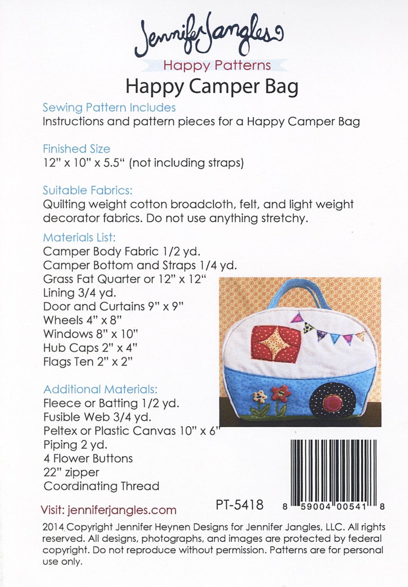 PATTERN Happy CAMPER BAG by Jennifer Jangles Travel Trailers Glamping ...