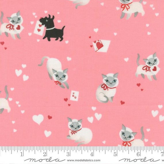 FABRIC Funny VALENTINE'S Day Scotty Dogs and Kitty Cats in Pink