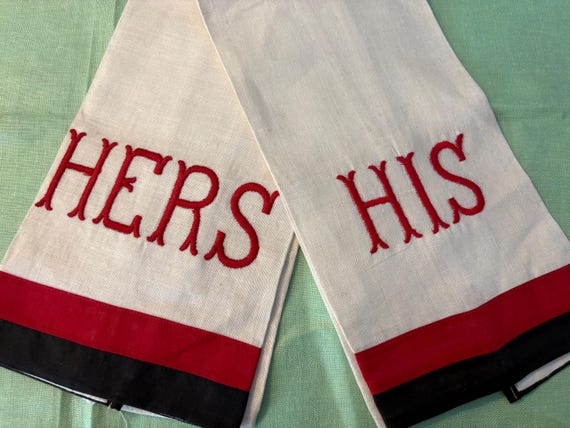 VINTAGE Set LINEN TOWELS His and Hers Art Deco Colors