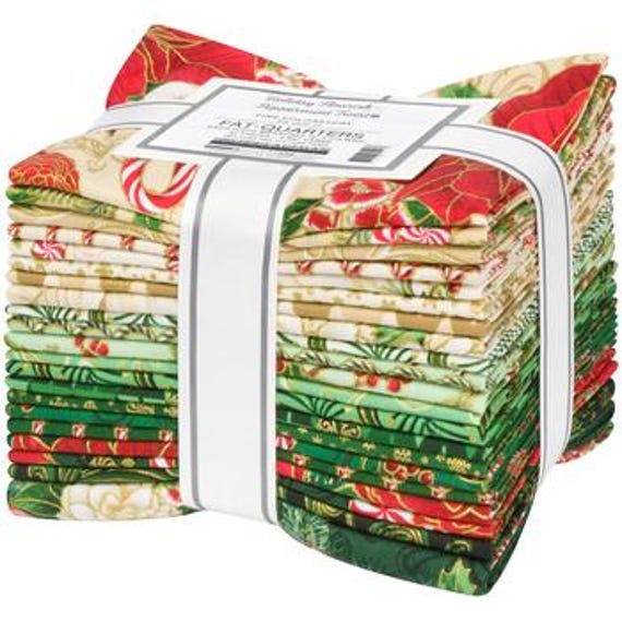 Fabric Holiday Flourish Peppermint Twist Christmas FAT QUARTER bundle AND Panel with Metallic Gold