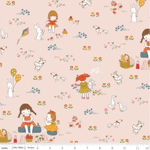 May include: A light pink fabric with a repeating pattern of children, animals, and picnic items. The illustrations include girls, rabbits, cats, geese, flowers, and picnic baskets. The design has a whimsical, storybook feel.