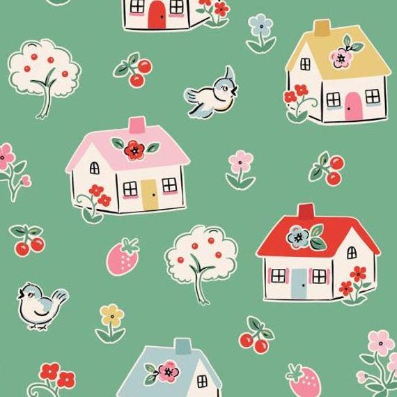 FABRIC Vintage Style Home Sweet Home Happy Home in Green from Poppie Cotton