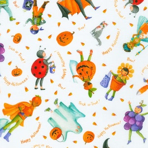 May include: White fabric with a repeating pattern of Halloween-themed illustrations. The design includes children in costumes, pumpkins, candy corn, and text that reads "Happy Halloween!" and "Trick or Treat!"