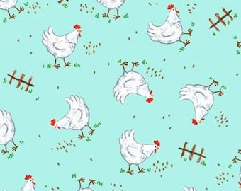 FABRIC CLUCK Cluck Roosters  on Aqua by Michael Miller  1 Yard
