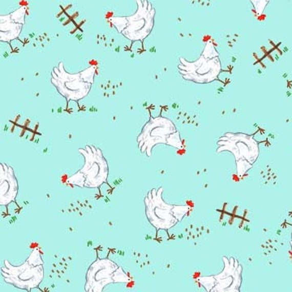 FABRIC CLUCK Cluck Roosters  on Aqua by Michael Miller  1 Yard