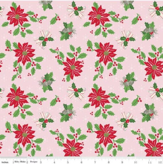 FABRIC CHRISTMAS Claus & Co. Poinsettias on Pink