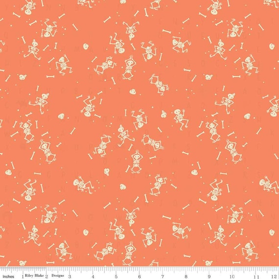 Clearance FABRIC HALLOWEEN Little SKELETONS Tiny Treaters on Orange    by Riley Blake  1 Yard