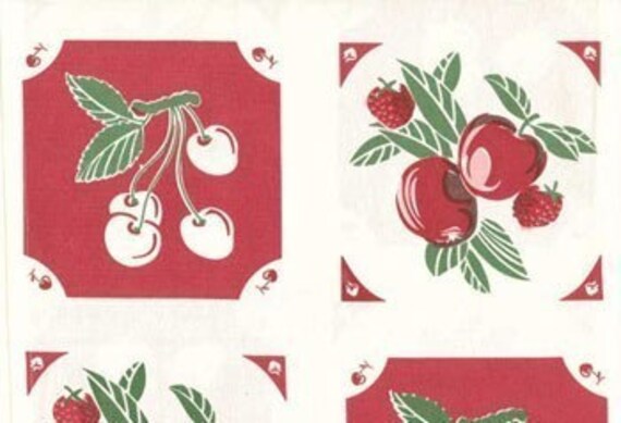 Last Piece VINTAGE style GRANNY'S Kitchen Toweling Fabric Cherries and Strawberries