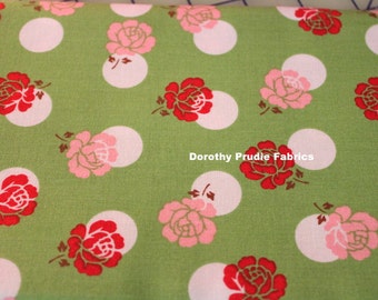 Fat Quarter FABRIC SEW CHERRY 2 Roses and Polka Dots on Green    We combine shipping