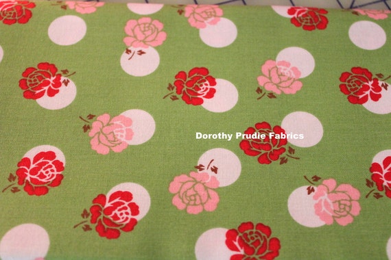 Fat Quarter FABRIC SEW CHERRY 2 Roses and Polka Dots on Green    We combine shipping