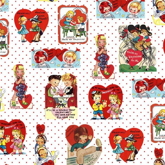 FABRIC Retro Vintage Style VALENTINES DAY on Polka Dots