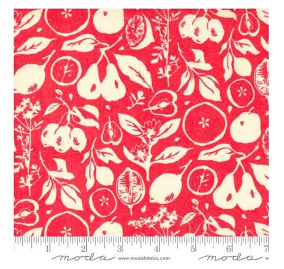 FABRIC FRUIT LOOP Fruit and Flowers on a Tomato Red background