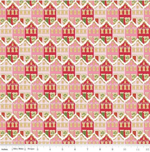 FABRIC CHRISTMAS Claus & Co. Snow covered houses Metallic red and pink